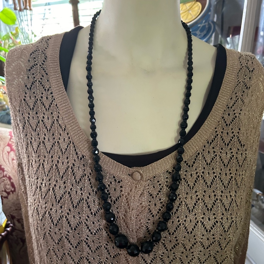 Vintage Long Black Faceted Crystal Glass Bead Necklace
